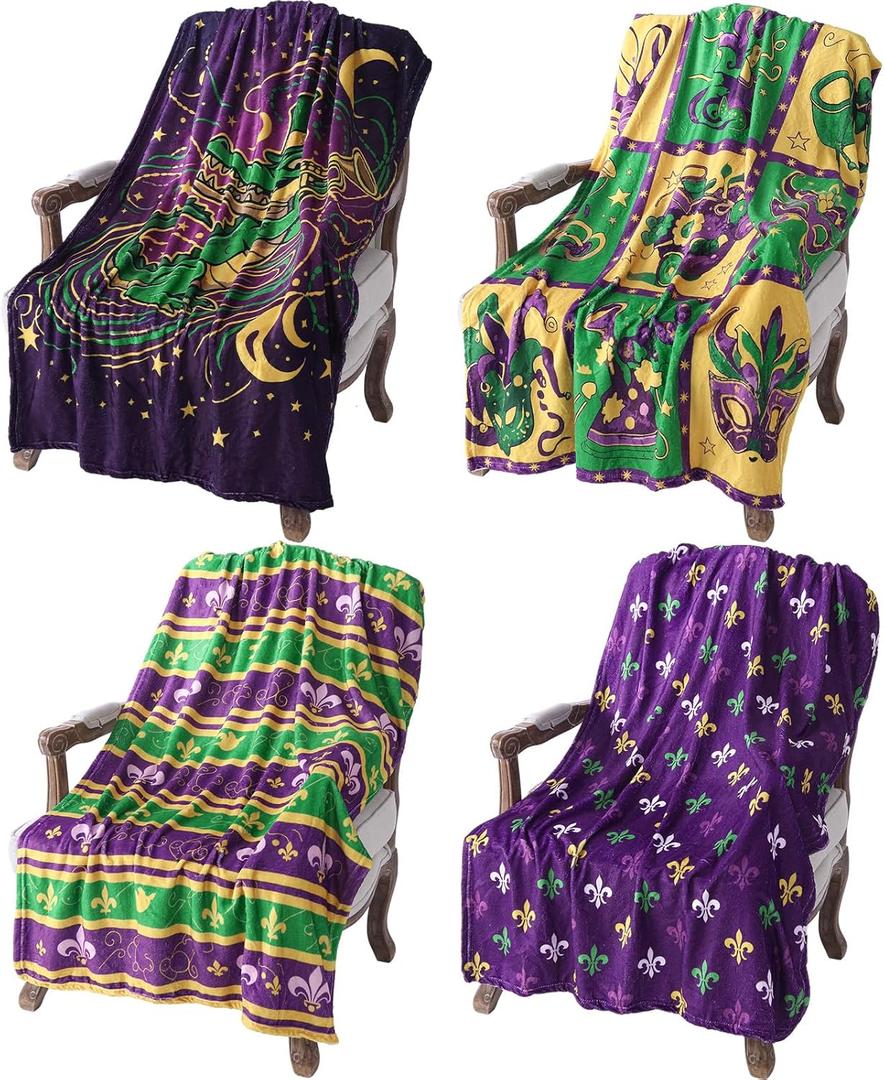 Moukeren 4 Pack Mardi Gras Throw Blanket Soft Flannel Throw Decor with Alligator Mask Fleur De Lis Design for Sofa Couch Mardi Gras Party Holiday Home Decorations 40"x50"