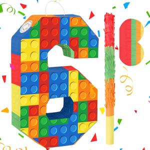 Building Blocks 6th Birthday Party Decorations Number 6 Pinata with Pinata Stick & Blindfold for Kids Girls Boys Happy Birthday Building Block Theme Party Supplies Carnival Games