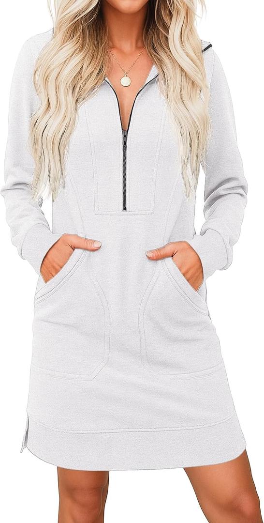 PrinStory Women’s Casual Dresses | Fall Winter Long Sleeve Half Zip V Neck Pullover Tunic Sweatshirt Dress with Pockets (XL)