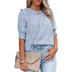 Dokotoo Womens Blouses Half Sleeve Shirred Tops Crewneck Lace Textured Flowy Casual Shirts (Large, Sky Blue)