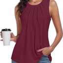 syoss Women's Summer Tank Tops Pleated Round Neck Sleeveless Trendy Tops for Women Dressy Casual, XL, Wine Red