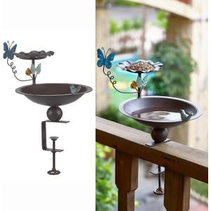 Bird Bath and Feeder for Deck Railing, 2 in 1 Deck Mounted Balcony Birdbath with Vivid Butterfly Decor, Metal Bird Bath for Outdoors Porch Patio Garden (Antique Brown-753)