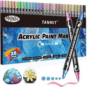 28 Metallic Colors Acrylic Paint Markers, Dual Tip Acrylic Paint Pens for Rock Painting, Black Paper, Wood, Canvas, Stone, Glass, Ceramic, DIY Crafts Making Art Supplies (Brush Tip and Round Tip)
