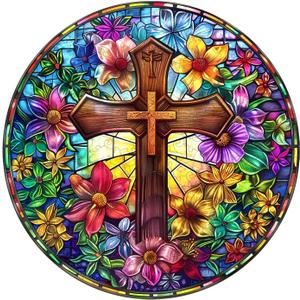 Jigfoxy Wooden Puzzles for Adults, Stained Glass Cross Jigsaw Puzzle with Unique Animal Shaped Pieces, Christian Religious Craft, Christmas Thanksgiving Gift (S-8.5 * 8.5in-100pcs)