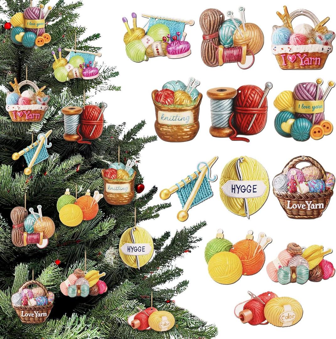 Syhood 36 Pcs Crochet Christmas Ornaments Funny Yarn Themed Wooden Christmas Tree Ornaments Hanging Farmhouse Kitchen Xmas Tree Holiday Decor for Crochet Lovers Knitting Yarn Crocheters Gifts
