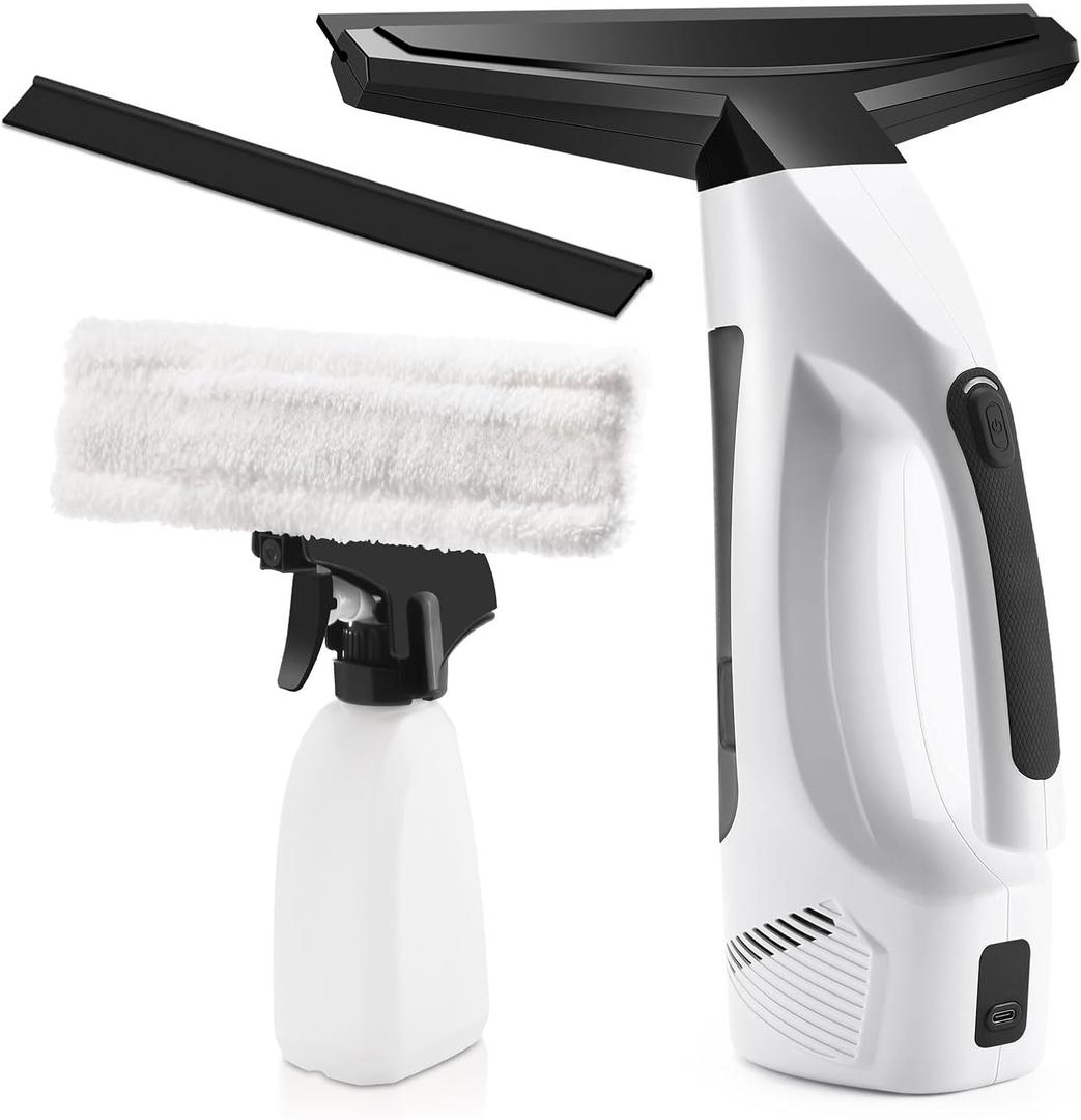 Window Vacuum Squeegee Cordless, Handheld Window Vac with Multi-Purpose Spray Bottle & Microfiber Cloth, Electric Cleaning Tool for Windows, Mirror, Countertop (White Black)