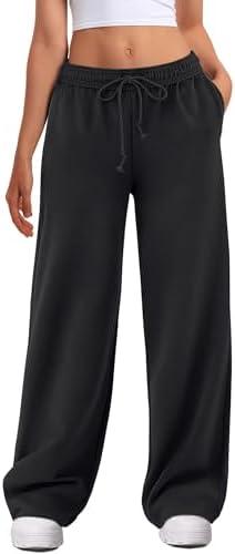 ATHMILE Women's Wide Leg Sweatpants High Waisted Baggy Interior Drawstring Joggers Straight Leg Sweat Pants with Pockets. Small