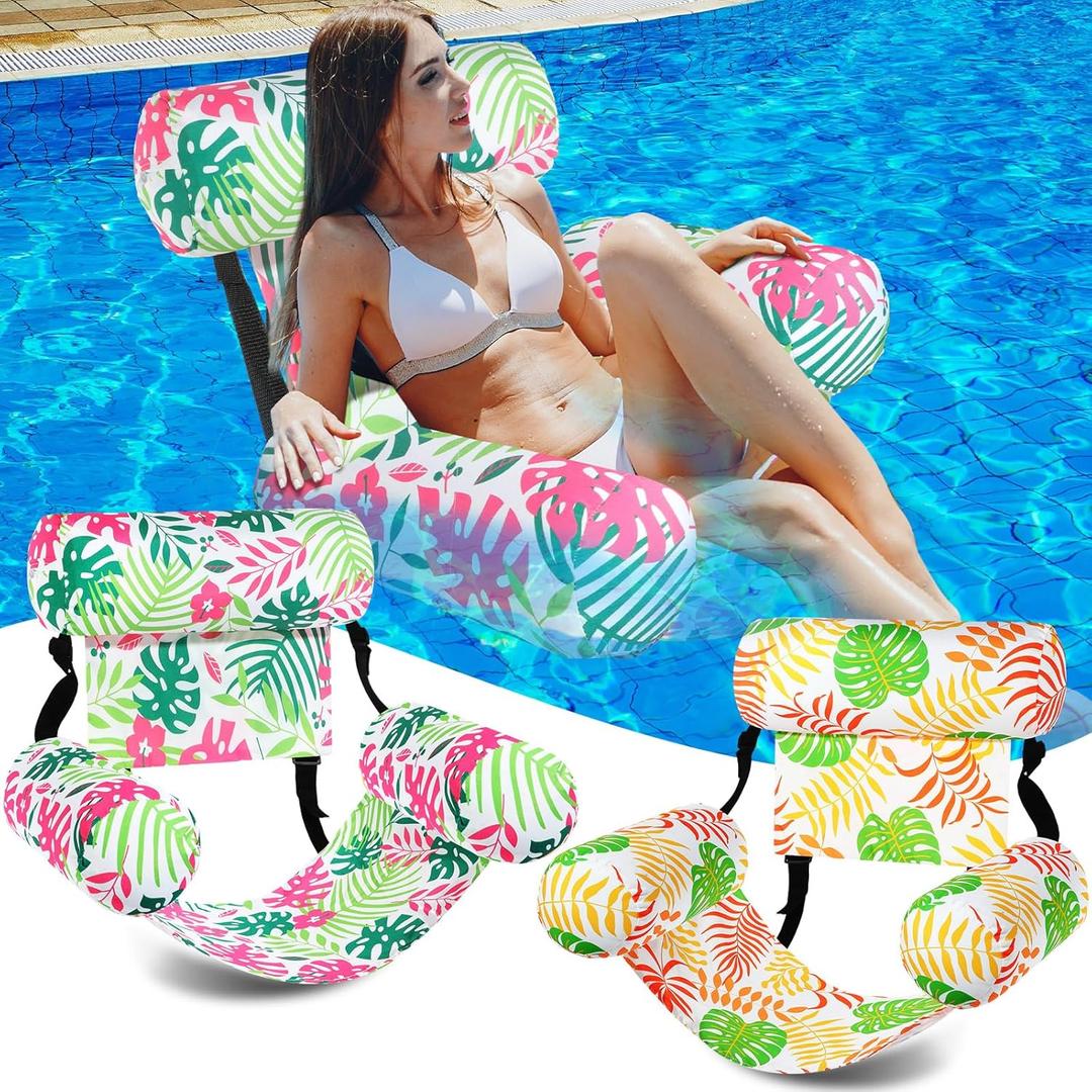 Blueweenly 2 Pack Inflatable Pool Float for Adult Adjustable Hammock Float Chair Fabric Pool Lounge Chairs Blow up Water Chairs Rafts for Summer Swimming Party Fun(Tropical,Pink, Yellow)