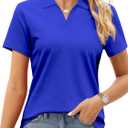 SMENG Women's Polo Shirts Cotton Pique Short Sleeve Summer Tops Collared V-Neck Work,Casual,Golf Shirt (Blue, XL)