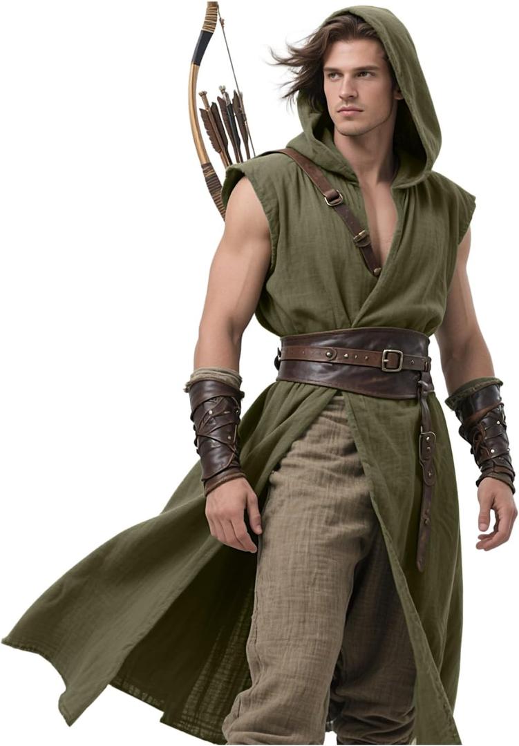 L'VOW Men's Medieval Hooded Surcoat Renaissance Tabard Sleeveless Tunic Cloak Viking Costume Holloween Assassin Cosplay (Army Green, Large)