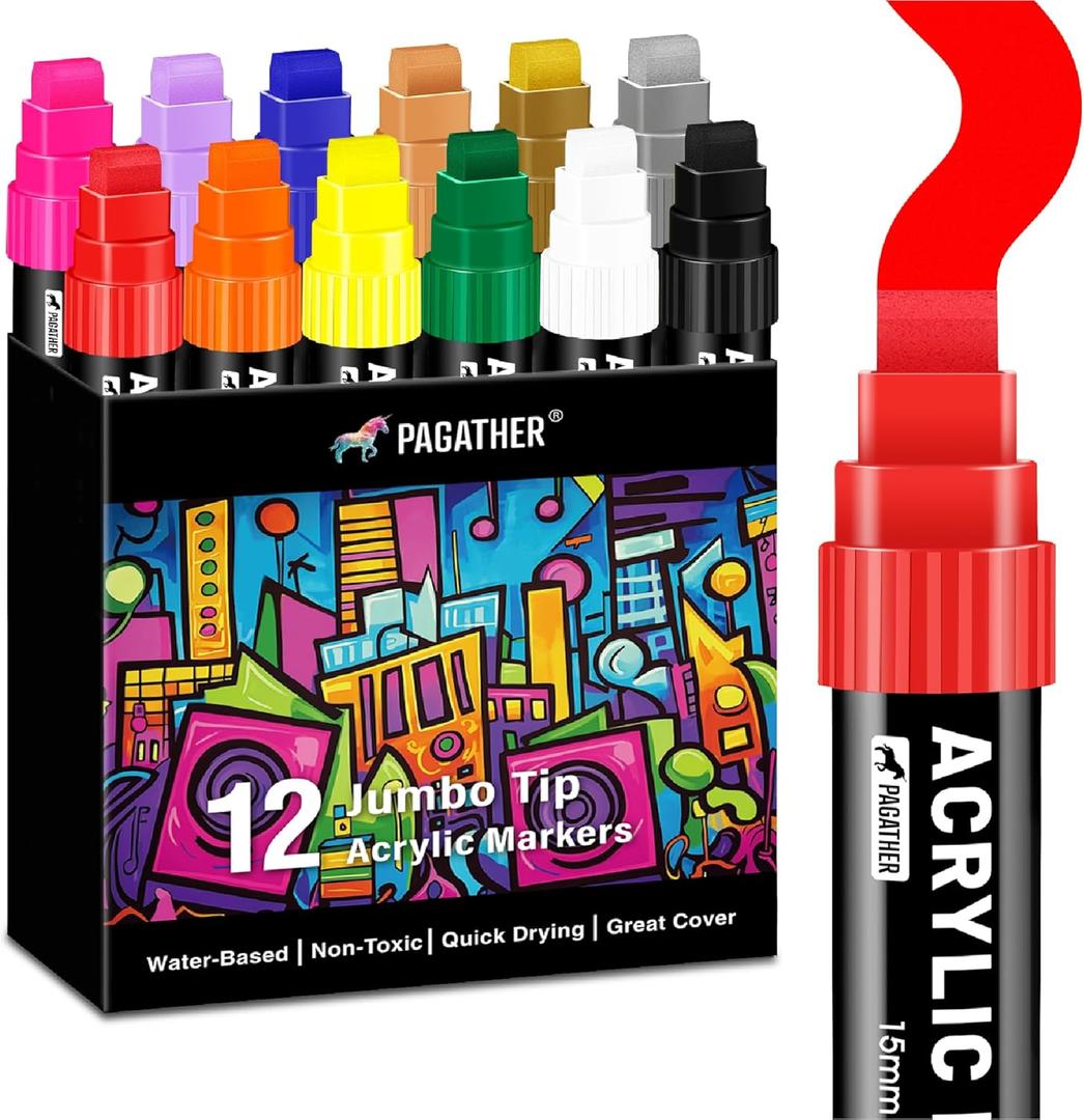 12 Colors Jumbo Acrylic Markers with 15mm Felt Tip  Large Permanent Paint Pens for Rock Painting, Stone, Poster, Canvas, Glass, Wood, Ceramic