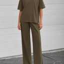 BTFBM Summer Outfits For Women 2026 Two Piece Sets Casual Short Sleeve Spring Tops Wide Leg Pants Matching Lounge Set (Green, S)