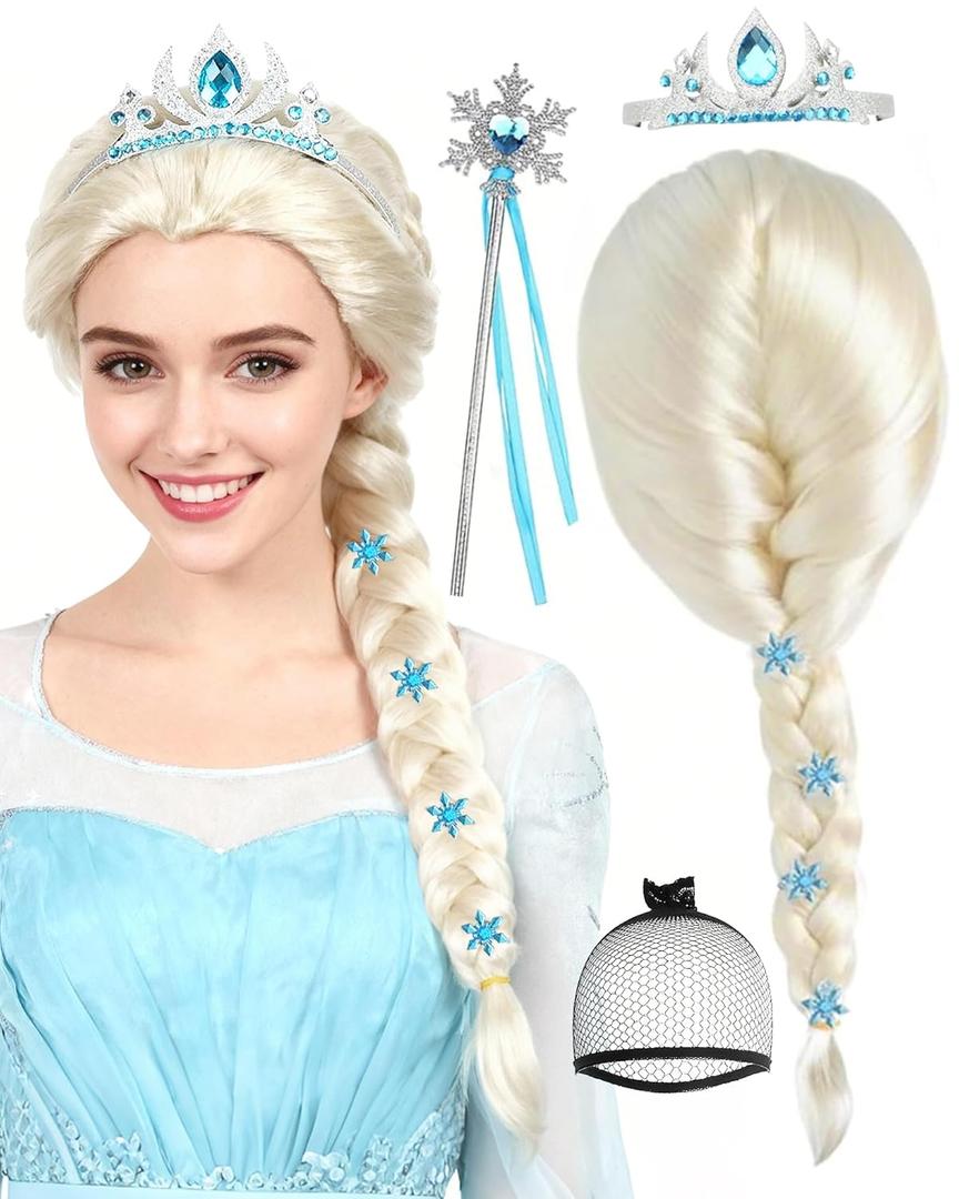 ANOGOL Hair Cap+ 3PCS(1 Crown+1 Wand) Princess Wig Cosplay Blonde Braided Wig Blond Princess Outfit Long Blonde Anime Wigs with Braids for Snow Movie Halloween Christmas Costume Birthday Party