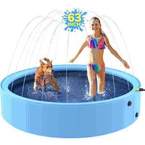 63'' Foldable Dog Pool, Sprinkler Pool for Kids, Non-Slip Heavy Duty Dogs Splash Pad for Small Dogs, Hard Plastic Kiddie Bathtubs for Backyard2XL-162Gal