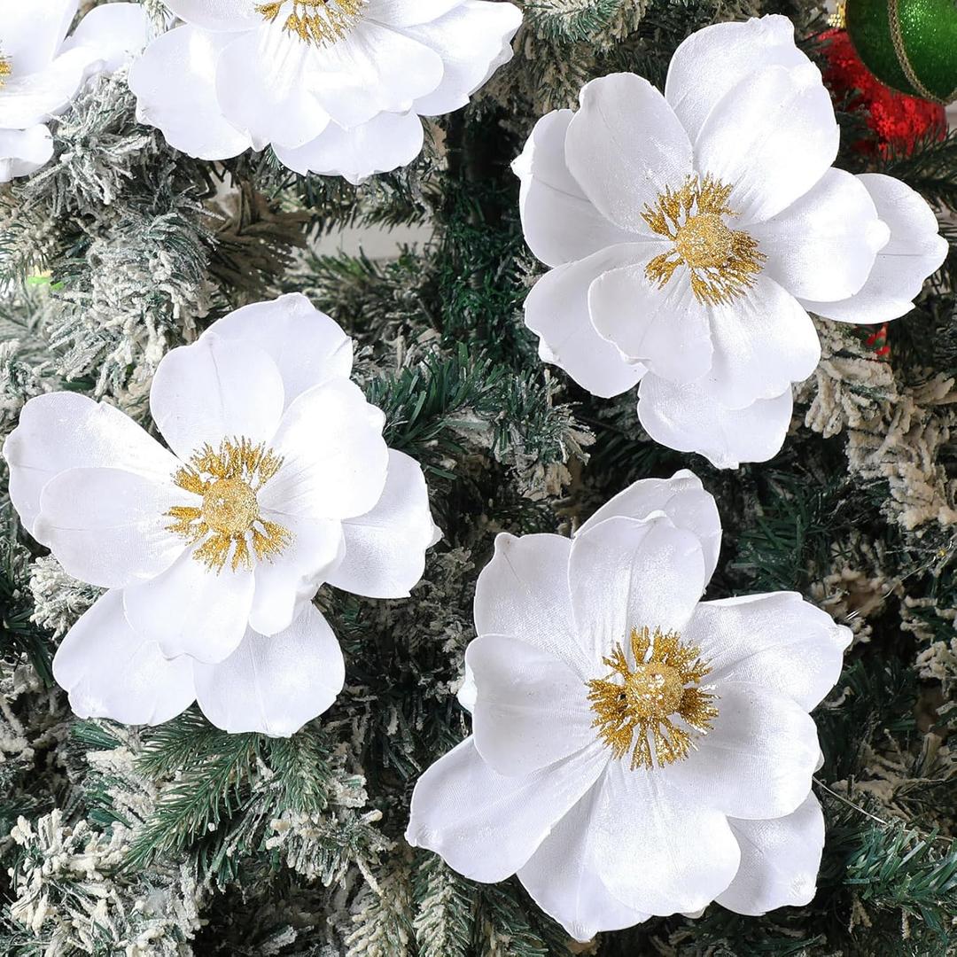 8 Pcs Christmas Flower Magnolia Flowers 8 Inch Artificial Poinsettia Stems Glitter Fake Magnolia Christmas Tree Decorations DIY Ornaments for Xmas Tree Party Wedding Holiday Decor(White)