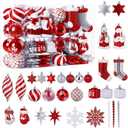 Alupssuc 112pcs Christmas Balls Ornaments Set, Shatterproof Plastic Baubles Christmas Penguin, Polar Bear for Xmas Tree Holiday Wedding Party Decorations with Hanging Strings, Red, Silver and White