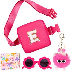 WINOWIMO Personalized Mini Fanny Pack for Kids with Sunglasses & Cute Keychain, Small Initial Belt Crossbody Bag Purse for Teen Girls, Birthday Gifts for 3 4 5 6 7 8 9 10 Years Old Kid (E, Rose Pink)