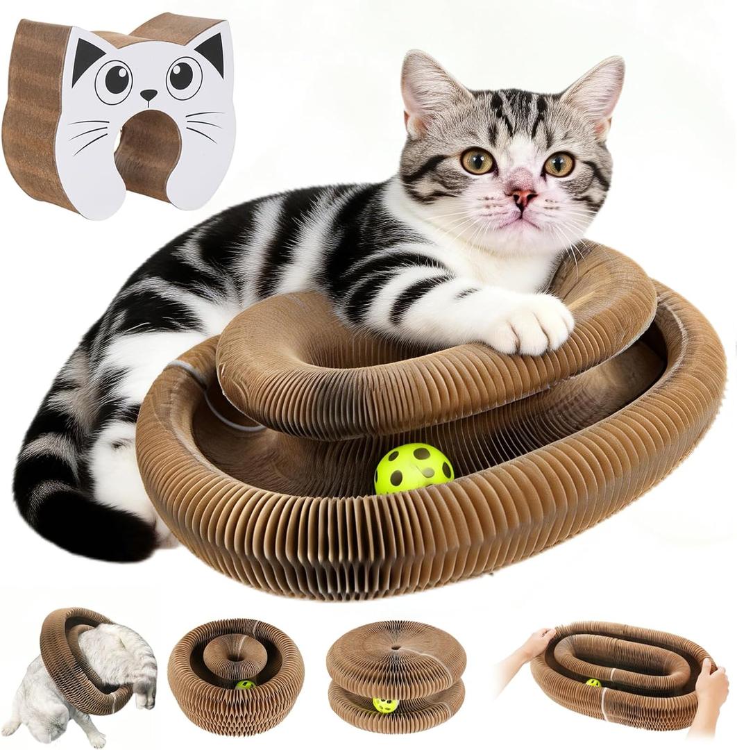 Twisty Paws Cat Toy - Magic Organ Kitty Curl Scratcher with Bell-Ball, Magnetic & Foldable Cardboard Shape Shifting, Interactive Accordion Kurlz Board for Indoor Cats