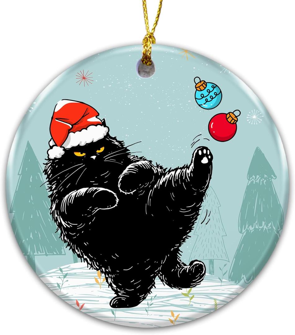 Funny Black Cat Christmas Ornament 2025 with Santa Hat Kicking Ornaments  Humorous Gift for Cat Lovers, Pet Owners, and Animal Humor Fans  Ceramic Christmas Tree Decoration Keepsake