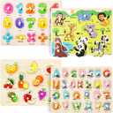 GRINNNIE Wooden Peg Puzzle for Toddlers 3 4 5 Years Old, 4 PCS Montessori Educational Learning Puzzles Set-Numbers, Letters, Animals and Fruits, Great Preschool Gifts for Girls and Boys