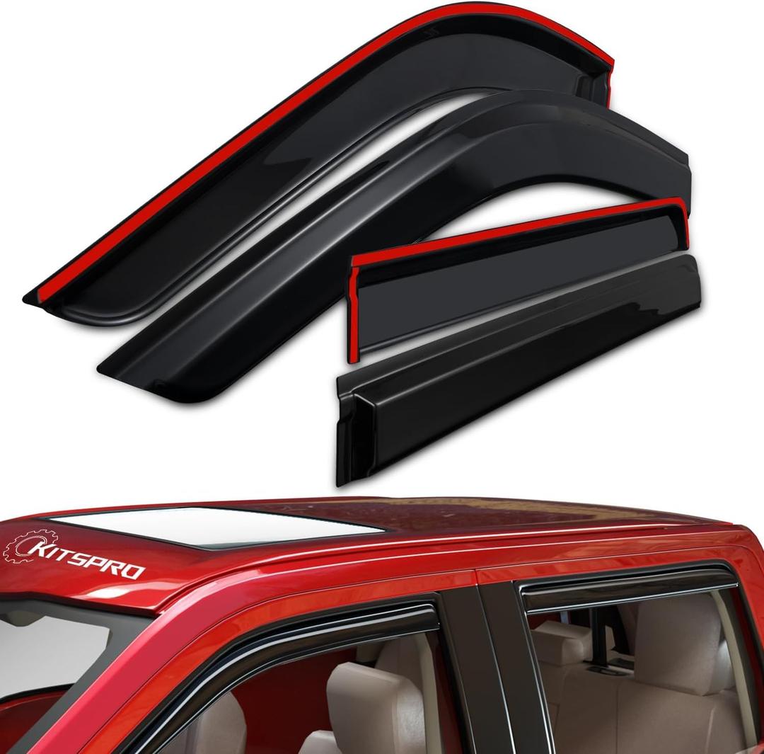 KitsPro Side Window Rain Guards for 2019-2024 Chevy Chevrolet Silverado & GMC Sierra 1500 2500 3500 (ONLY FIT Crew Cab), Gloss Black Tape-On Window Deflectors Vent Visors, Set of 4