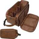 PAVILIA Toiletry Bag for Men, Travel Essentials Shaving Dopp Kit, Mens Travel Bag Toiletries Organizer Case for Grooming, PU Leather Water Resistant Cosmetic Bag Pouch (Brown) (Large (10.5x5.5x6))