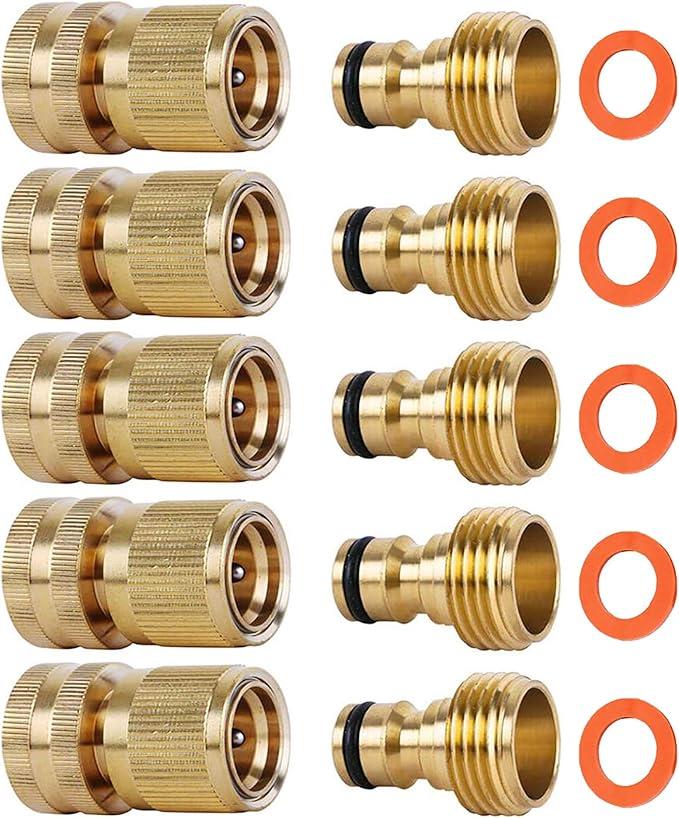 SHOWNEW Quick Connect Hose Fitting, Solid Brass Garden Hose Quick Connectors 3/4 Inch Thread NoLeak Water Hose Repair Fittings Male and Female Hose Adapter  5Packs