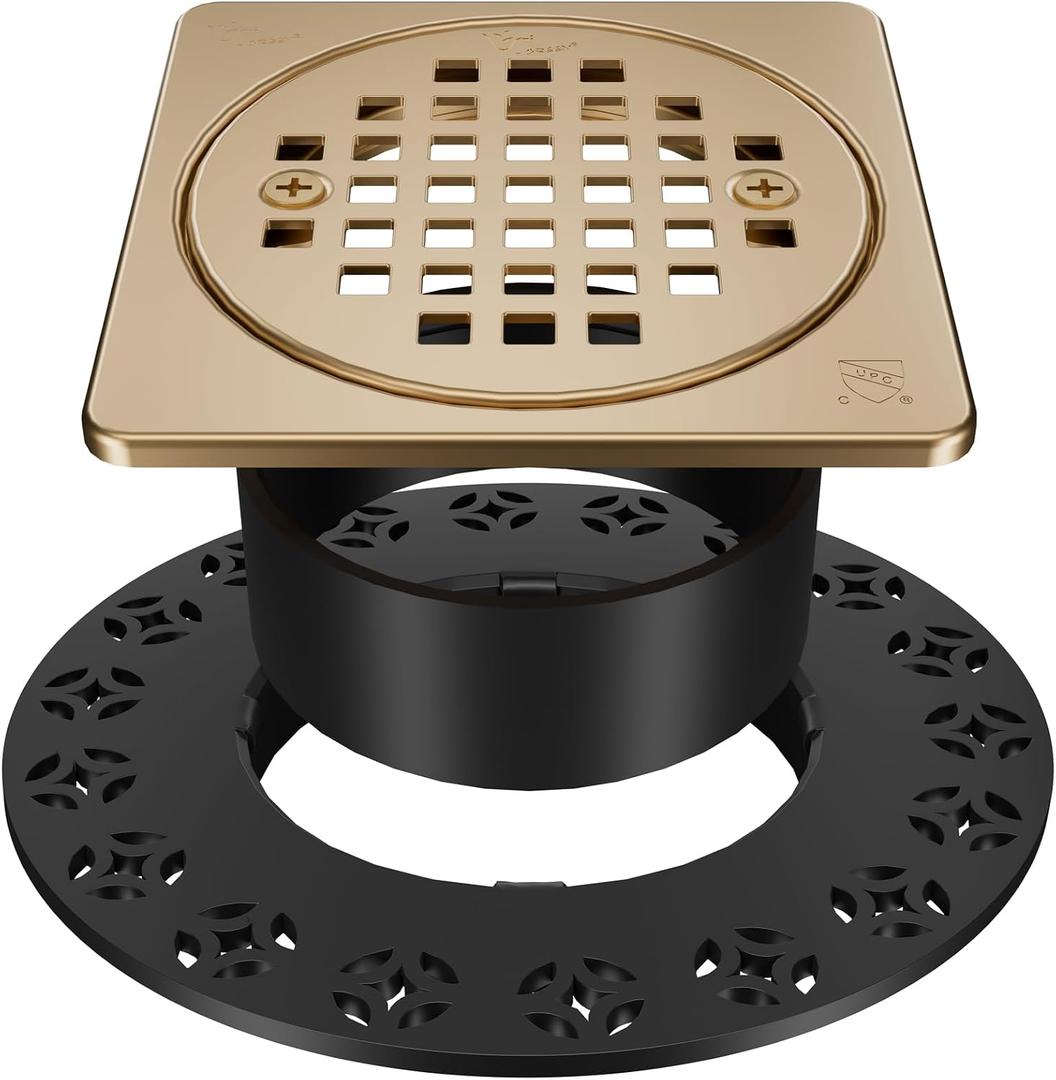 Champagne Bronze 4 inch Drain Grate Kit, Shower Drain Compatible with Schluter Kerdi Drain Flange, Removable Square Floor Drain with Adjustable Collar,with ABS Flange-SUS304 Stainless Steel Grate