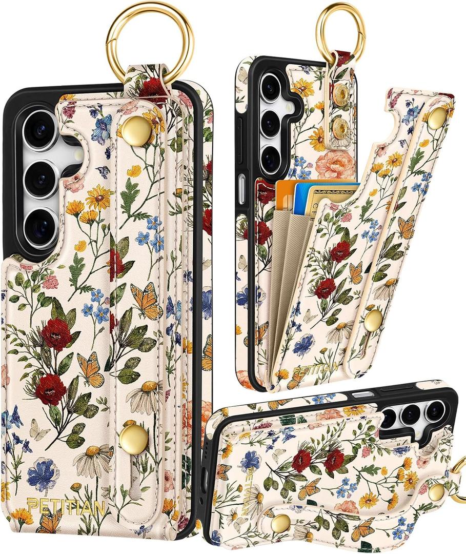 Petitian for Samsung Galaxy A16 5G Case with Wallet - Women Girls Cute Girly Aesthetic Unique Design Leather Credit Card Holder Cardholder Stand Wristband for Galaxy A16 5G, Vin Flower