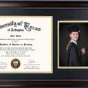 GraduationMall 11x22 Mahogany Diploma Frame with Tassel Holder and Picture for 8.5x11 Certificate 5x7 Photo,Real Glass,Black over Gold Mat