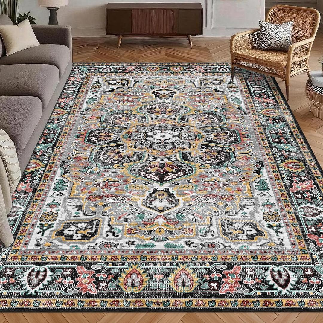 Washable Area Rug 9' x 12' Vintage Traditional Persian Mat - Foldable Distressed Non-Slip Machine Washable Carpet for Living Room Bedroom Kitchen Home Decor - Slate and Multicolor