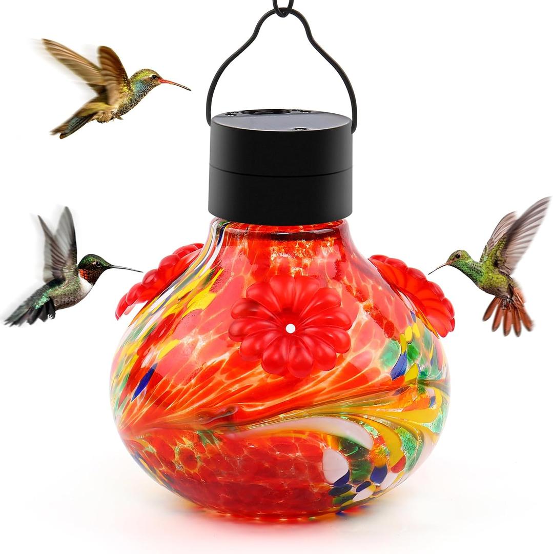 SAVENNA Hand Blown Glass Solar Hummingbird Feeder with Soft Night Light,17oz Leak-Proof Decorative Feeder for Outdoor Garden Patio Yard Ruby Red Phoenix Swirl