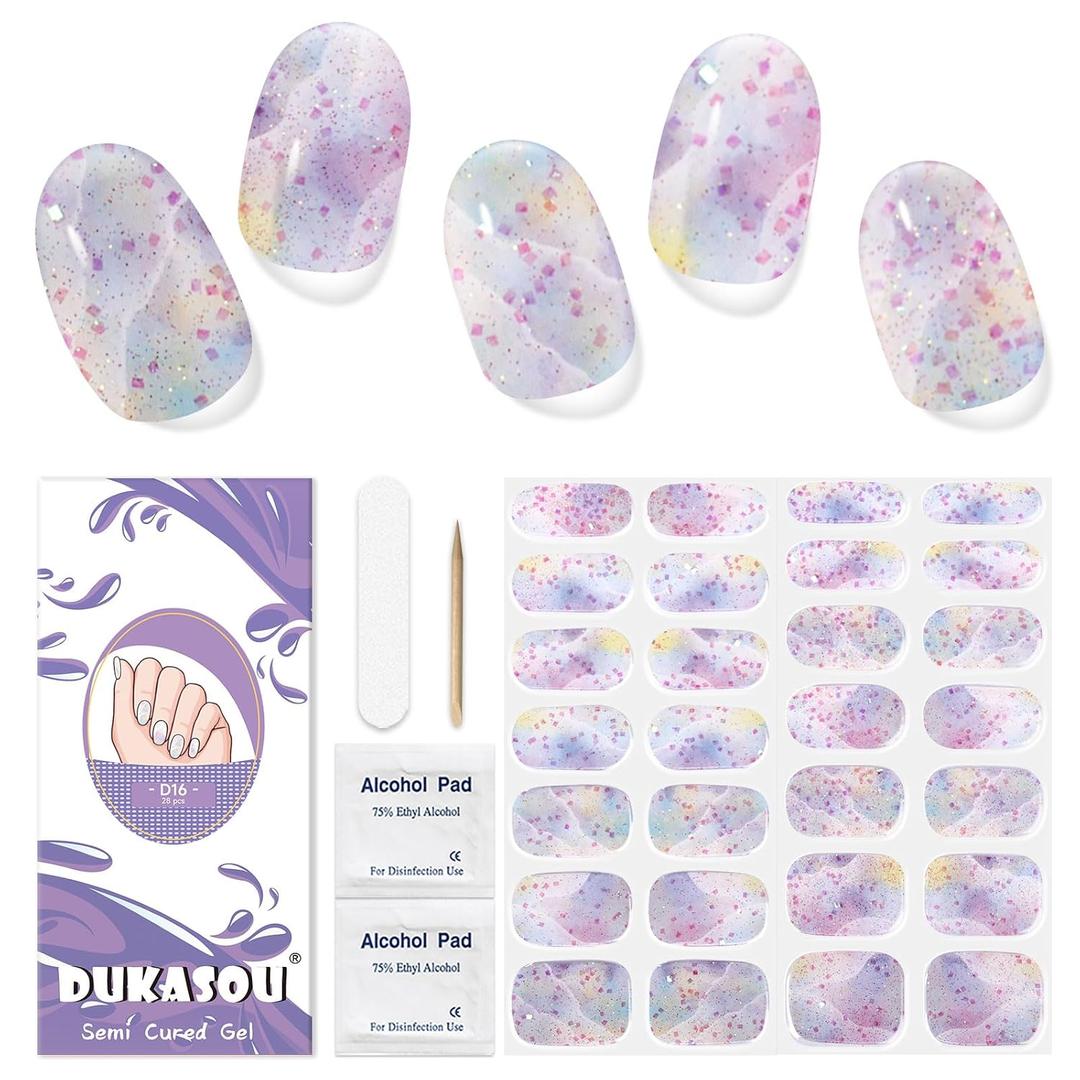 2 x Semi Cured Gel Nail Strips, 28 pcs Nail Gel Stickers Work with Any UV Lights, Long-Lasting Nail Wraps, Stick on Nails for women Easy to Apply & Remove