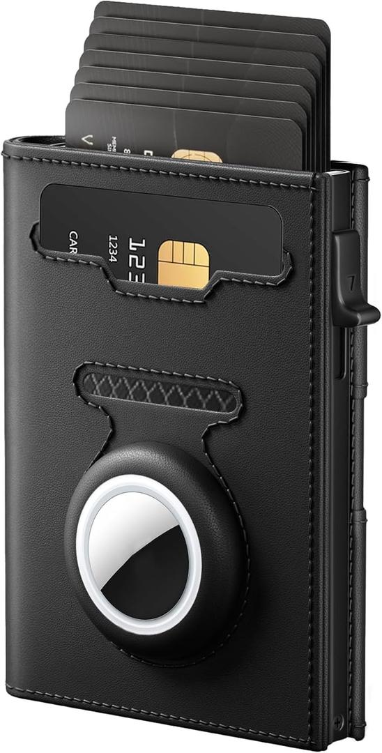 RFID Wallet for Men Compatible with AirTag, Slim Mens Wallet for Air Tag Smart Pop up Card Holder, Minimalist Wallet with ID Window & Cash Slot, Trifold Compact Metal Aluminum Card Case (Onyx Black)