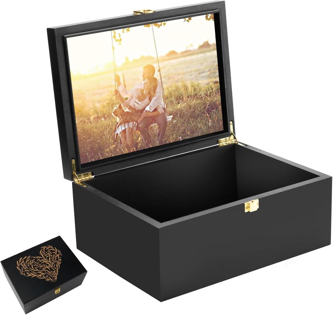 Larger Wooden Memory Keepsake Boxes With Hinged Lids and a photo frame inside the lid - Decorative Storage Box With a Hinge Lids For Picture Letter Time Capsule - 5.3“*8.6”*11.7“ - Black Engraving Larger Wooden Memory Keepsake Boxes With Hinged Lids and a photo frame inside the lid - Decorative Storage Box With a Hinge Lids For Picture Letter Time Capsule - 5.3“*8.6”*11.7“ - Black Engraving