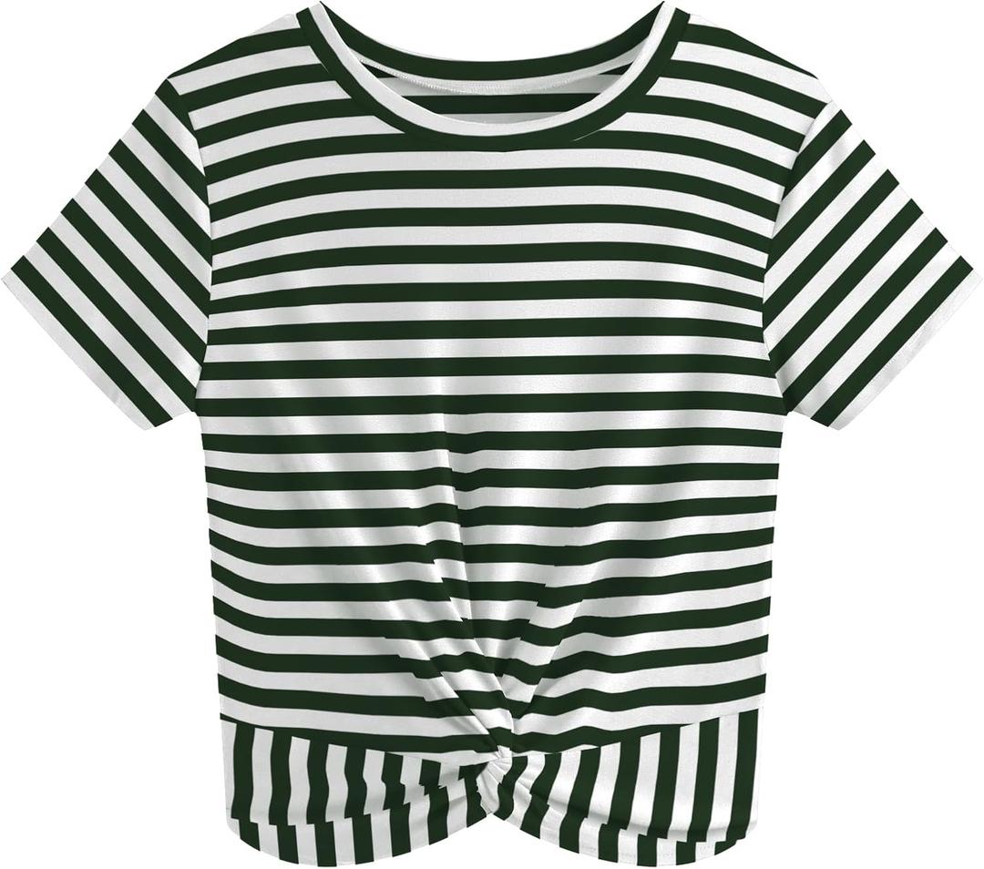 JINKESI Women's Summer Causal Short Sleeve Blouse Round Neck Crop Tops Twist Front Tee T-Shirt (C12 Green Stripe, Small)