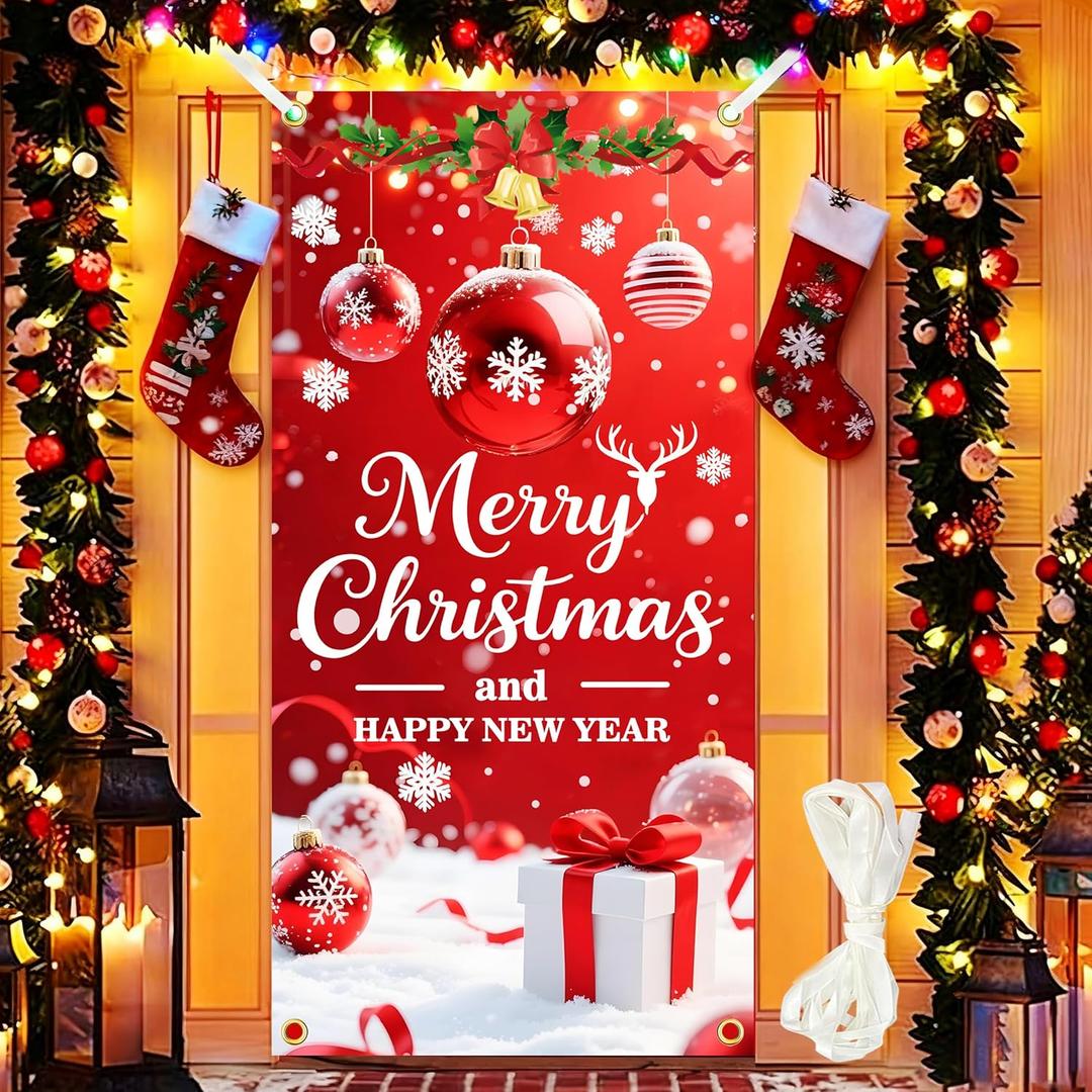 2 x Christmas Door Cover Decorations 35x71 Inch Merry Christmas Door Covers for Front Door Xmas Banner Decorative Ball Photo Booth Props Backdrop for New Year Holiday House Party Sign Supplies with 19.68 Ft Ribbon