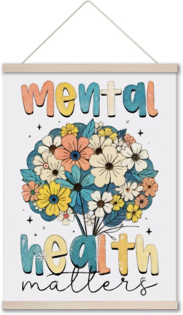 AgriFusion Tech Mental Health Matters Wall Art 12x16 Inches, Floral Inspirational Canvas Print, Therapy Office Decor & Self-Care Gift for Women