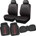 CAR PASS Universal FIT Piping Leather Two Front Seat Covers, DeepDish Rubber Floor Mats for car Heavy Duty car mats,Waterproof Faux Leather for SUV Sedan Van Truck, Airbag Compatible(Black Red)