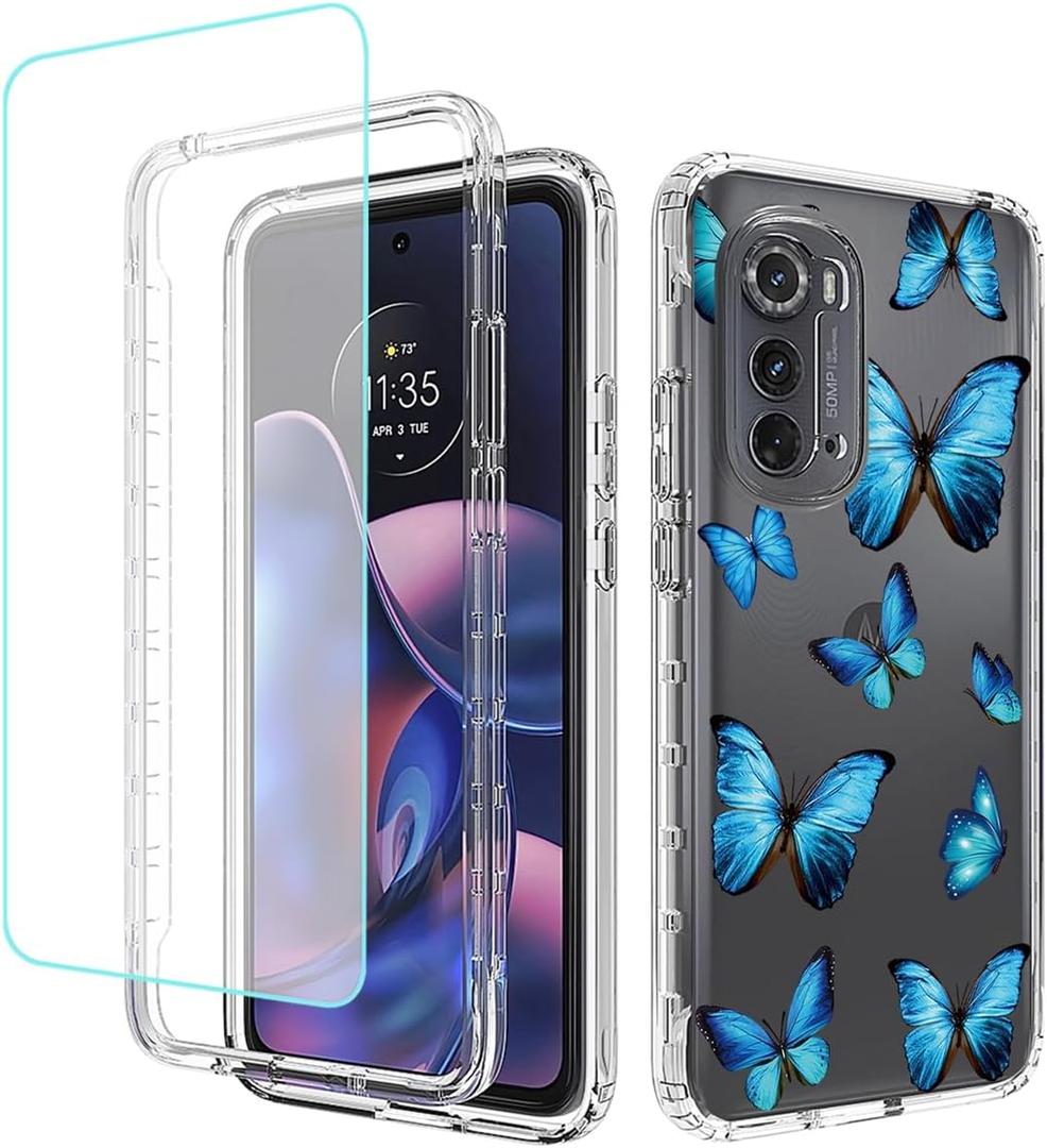 Case for Moto Edge 2022/Motorola Edge 2022 5G UW XT2205 Case with Tempered Glass Screen Protector, Full Body Clear Floral TPU Phone Protective Cover for Motorola Moto Edge 2022 5G (Butterfly)