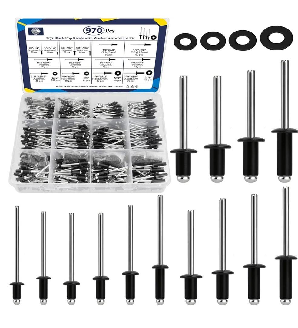 ZQZ 970Pcs Black Pop Rivets with Washer Assortment Kit, 14 Sizes Black Rivets with 3/32" 1/8" 5/32" 3/16" Blind Rivets, Assorted Pop Rivets Set for Metal