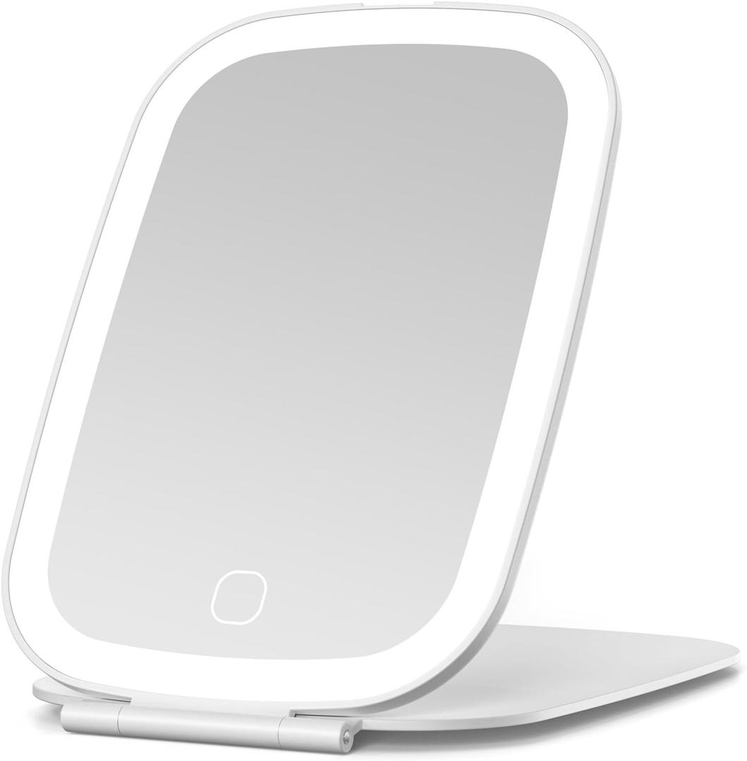 Rechargeable Travel Makeup Mirror with LED Light, Portable Light up Mirror, 3 Lighting Modes, 7x5 Inch Foldable Vanity Mirror for Desk or On The Go (White)
