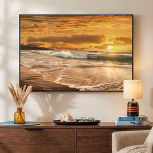 Framed Coastal Gold Sunset Beach Wall Art for Living Room, 24x36 In