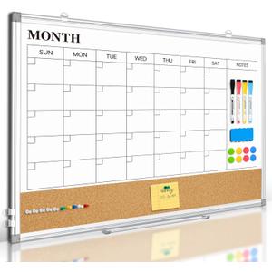 Dry Erase Calendar Whiteboard, 30"x20", Monthly White Board with Cork Board | Magnetic, Wall Mounted, Double Sided, Aluminum Frame, for Home, Office, Kitchen, Dorm, 4 Markers, 6 Magnets, 10 Push Pins