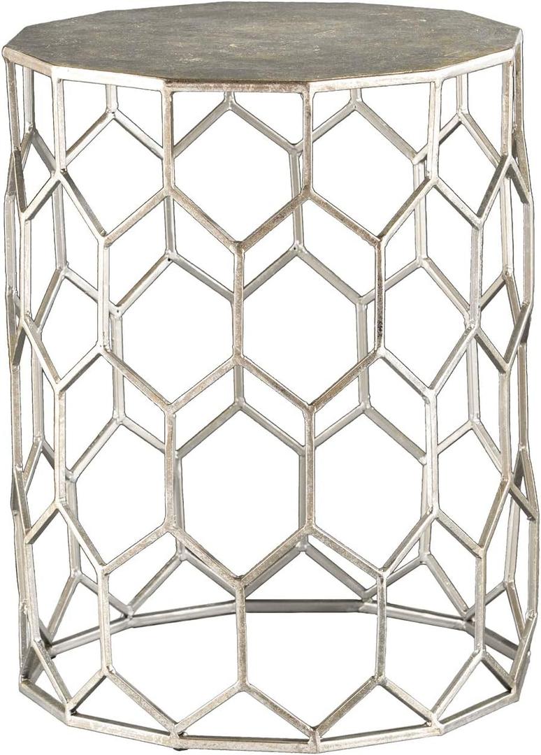 SEI Furniture Clarissa Metal Honeycomb Accent Table, Geometric Style Round Console Table With Faux Leather Top for Living Room, Silver, 13.75 in x 13.75 in x 18.25 in