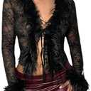 MakeMeChic Women's Faux Fur Fuzzy Long Sleeve Top Mesh Lace Open Front Y2K Tee Shirts, Size S