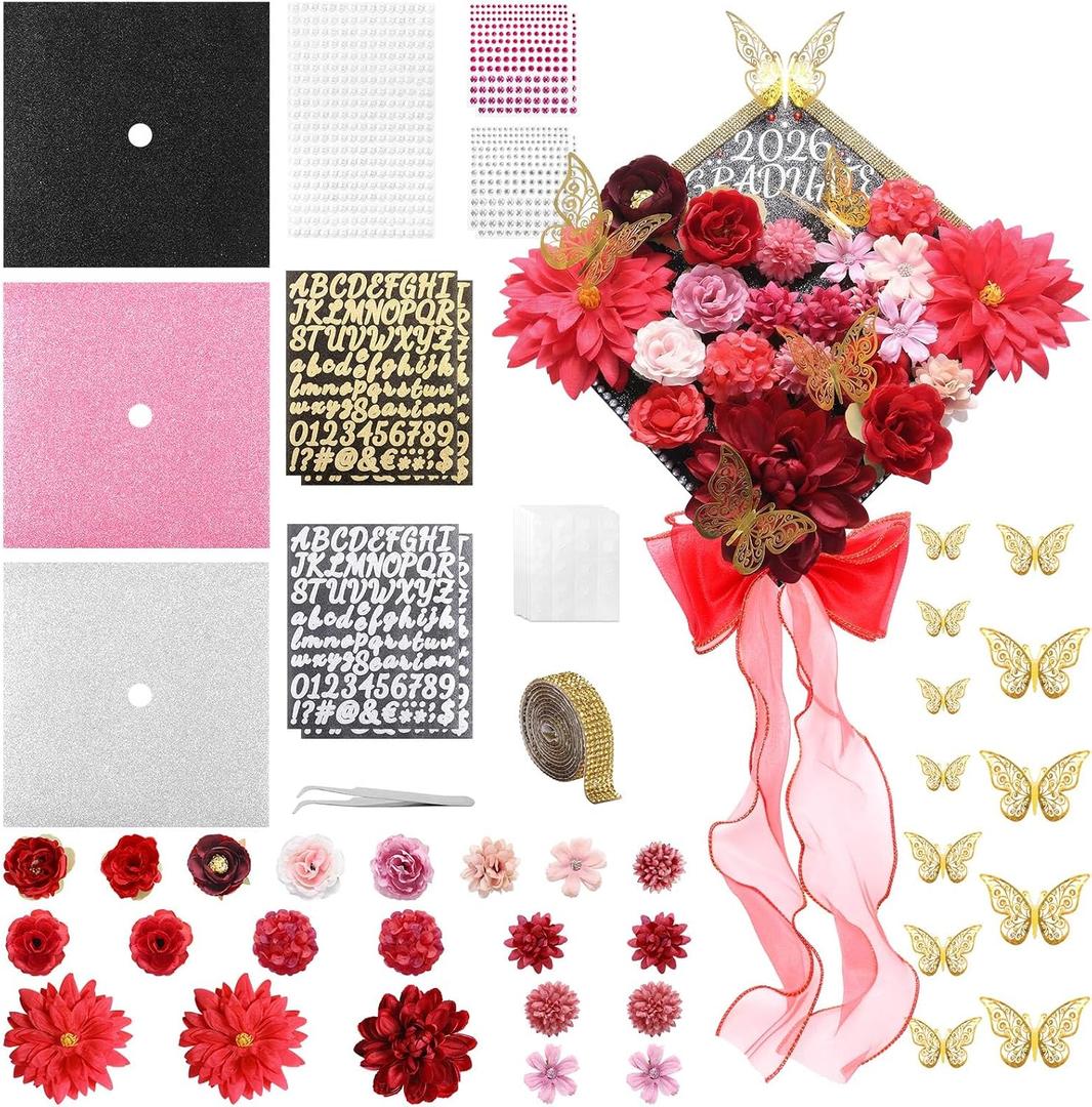 Harsever 48Pcs Graduation Cap Decorations DIY Kit,Grad Cap Decorations Decor with Faux Flower 3D Butterfly Rhinestones Alphabet Letter Stickers for DIY Graduation Party Supplies (Red)