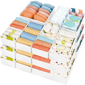 DIMJ Drawer Organizer Clothes, 18 Pack Dresser Organizer, Foldable Closet Organizers and Storage, Fabric Bins, Drawer Dividers for Nursery, Baby Clothes, Underwears, Sock (White)