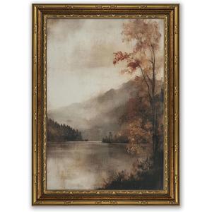 Gold Framed Vintage Autumn Landscape Canvas Wall Art Rustic Moody Lakeside Wall Decor Picture Autumn Lake River Nature Meadow Poster Print for Living Room Bedroom Bathroom Home Decoration 16x24in