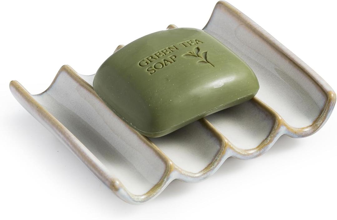 Soap Dish with Self Drain Fluted Design, Bar Soap Holder for Bathroom, Japanese Soap Tray for Shower, Bathroom and Kitchen Sink Organizer, Ceramic Soap Saver, White